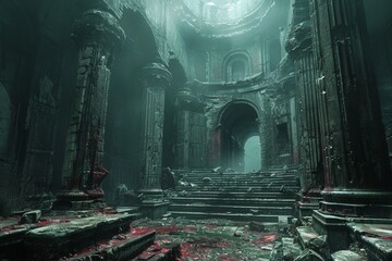 Ancient Ruins Illuminated by Misty Light in Overgrown Forest at Dusk