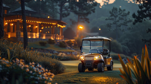 A golden luxury golf cart stands on the golf course against the background of palm trees. Against the backdrop of a hotel or spa restaurant, a huge luxury villa glows at night. generative ai