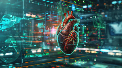 Illustration of a human heart with a digital data overlay, highlighting the fusion of medical science and technology