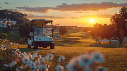 A luxury golf cart stands on the golf course against the background of palm trees and sunset. Sports and recreation. Against the backdrop of a hotel or spa restaurant. generative ai