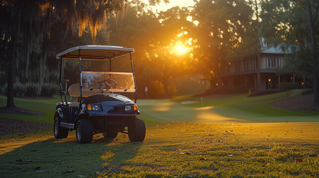 A luxury golf cart stands on the golf course against the background of palm trees and sunset. Sports and recreation. Against the backdrop of a hotel or spa restaurant. generative ai