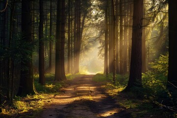 Obraz premium A peaceful forest path with sunlight filtering through the trees, creating a serene and inviting atmosphere