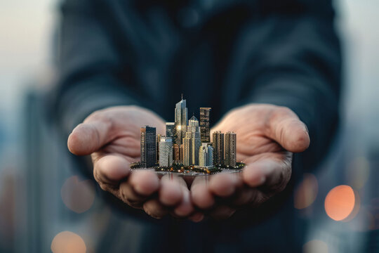 Businessman holding a miniature cityscape with buildings on his palm