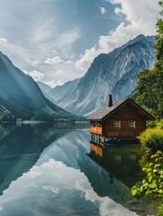 Fototapeta premium A serene lakeside cabin with a reflection of the mountains in the water, ideal for themes of solitude and peace