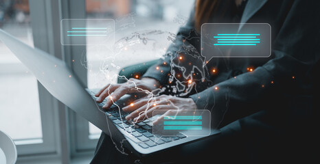 Woman hand using smartphone typing live chat chatting on application communication digital web and...