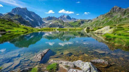 A tranquil mountain lake with clear water reflecting the surrounding peaks and a bright blue sky - Powered by Adobe