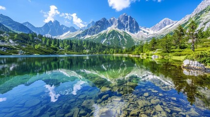 Fototapeta premium A tranquil mountain lake with clear water reflecting the surrounding peaks and a bright blue sky