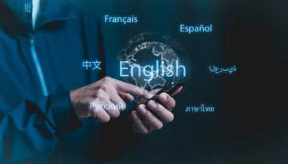 Man use smartphone with Translator app,Translator app, language course and e-learning concept....
