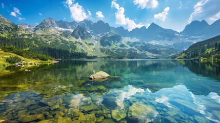 A tranquil mountain lake with clear water reflecting the surrounding peaks and a bright blue sky