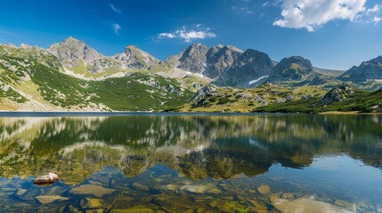 Fototapeta premium A tranquil mountain lake with clear water reflecting the surrounding peaks and a bright blue sky