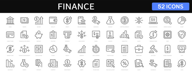 Finance and Money thin line icons set. Finance editable stroke icons. Money, Finance, Payment, Business, Profit, Investment, Bank icon. Vector