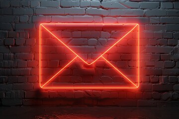 Glowing Red Neon Envelope Sign on Brick Wall at Night