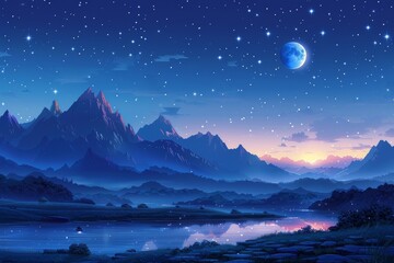 Breathtaking Mountain Landscape Under Starry Night Sky With Moon Reflection