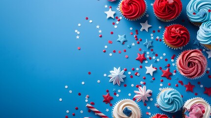 Cupcakes with red, white, and blue star decorations on a bright blue background, creating a patriotic atmosphere