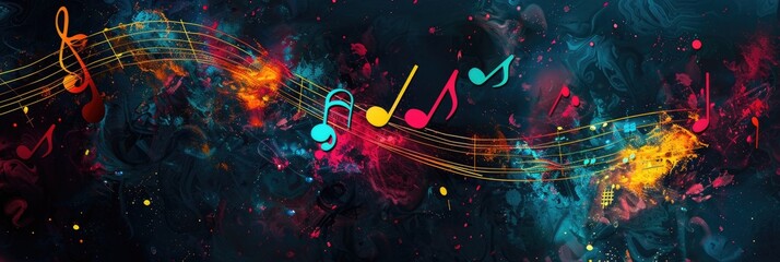 Colorful background with musical notes. The concept of music, songs, and sounds. To advertise concerts, songs, and compositions.