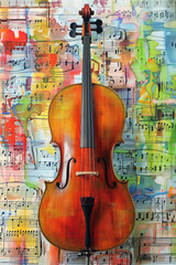 Cello instrument set against a background of colorful musical notes