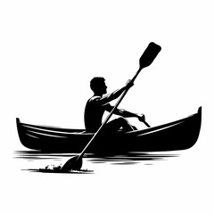 "Sunlit Journey: A Minimalist Silhouette of a Canoeist Paddling Through Water, with Detailed Sunlit Ripples and Flowing Brush Strokes in Black and White"