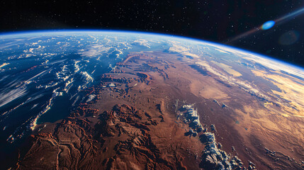Fototapeta premium Earth from Space: Photographs Earth from a space perspective offer a breathtaking and humbling view our planet. From the vastness space, Earth appears as a vibrant, blue marble, surrounded by the deep