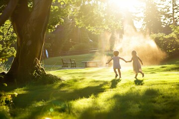 A candid moment of children playing in a sunlit park, capturing the joy and innocence of childhood