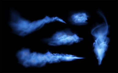 Magic smoke or blue fog cloud wave, ray vector special realistic effect mist or smog beam on black, powder steam spray