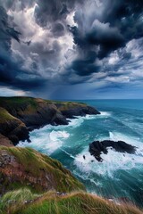 Fototapeta premium A dramatic stormy sky over a rugged coastline, capturing the power and beauty of nature's elements in action