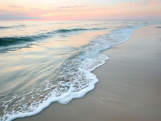 A serene beach scene at dawn with soft waves gently lapping the shore and a colorful sunrise in the background