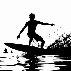 Ocean's Thrill: A High Contrast Silhouette of a Surfer in a Dynamic Pose, Riding the Wave with Water Splashes in Minimalist Black and White
