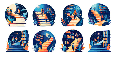 Literary journey cartoon vector concepts. Mens books stairs ladder library rise shelves portal planets space glow outer worlds fantasy stories characters, illustration isolated on white background