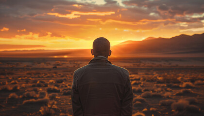 Wide-angle view photo realistic man on sunset desert