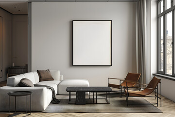 Large white canvas in a minimalist interior. Frame mockup in a room. Interior design visualization