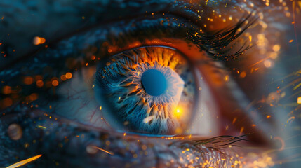 Close-up of a human eye, glowing effects, detailed texture, orange sparks