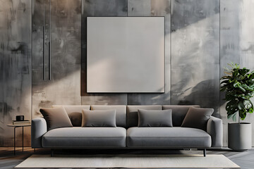 Large white canvas in a minimalist interior. Frame mockup in a room. Interior design visualization