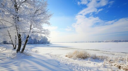 A serene winter landscape with a frozen lake and snow-covered trees under a bright blue sky