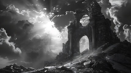 A black and white photorealistic image of a lone, crumbling archway standing amidst the ruins of an...
