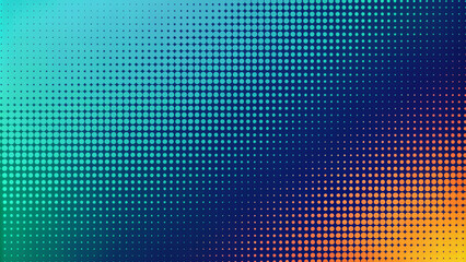 A gradient of dots transition from blue to orange diagonally across the screen, creating a vibrant halftone effect.Pattern gives a sense of digital or print technology,often used in graphic design.AI