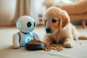 Futuristic mini robot automated feed the puppy dog wite pellet food at home