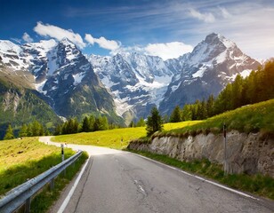 Naklejka premium transport road in the Alps against the backdrop of snow-capped mountains and forest