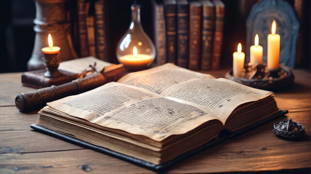 Magic book icon depicted as an old fantasy wizard game vector. Features ancient alchemy paper for witchcraft, representing an antique library grimoire assets illustration isolated. Generative AI.