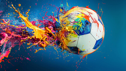 Soccer ball, vibrant paint splashes, colorful explosion, sports theme