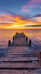 A wooden pier stretching out into the water at sunset