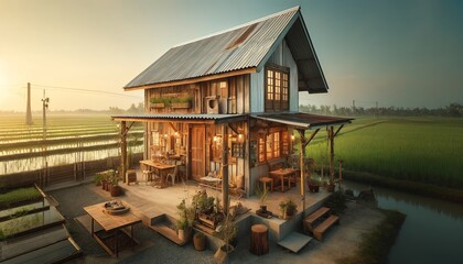 Obraz premium Rustic Thai Home at Golden Hour