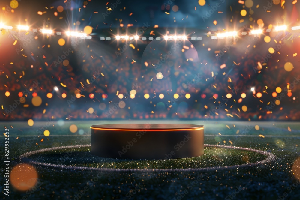 Poster empty stage in a stadium, illuminated by bright lights. a vibrant arena ambience creating a dramatic