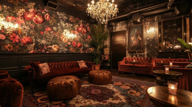 Cozy vintage lounge with floral wallpaper, plush seating, chandeliers, and a chic atmosphere, perfect for relaxation and social gatherings.
