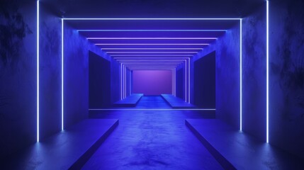 Futuristic blue and purple neon-lit corridor with geometric design and glowing lights, creating a sci-fi ambience.