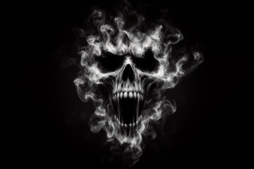 Scary ghost face with black and white smoke on a black background