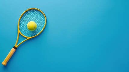 Tennis racket resting next to ball on vibrant blue background, perfect for sports and recreation themes in stock photography.