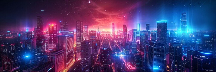 Obraz premium Futuristic Cityscape Illuminated with Neon Lights, Hi-Tech Urban Landscape, futuristic technology concept, graphic banner design