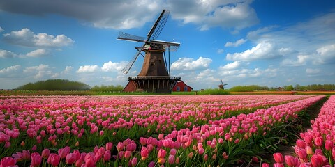A picturesque old windmill stands amidst expansive tulip fields a charming blend of human ingenuity and the natural beauty of spring. Concept Landscape Photography, Tulip Fields, Windmill