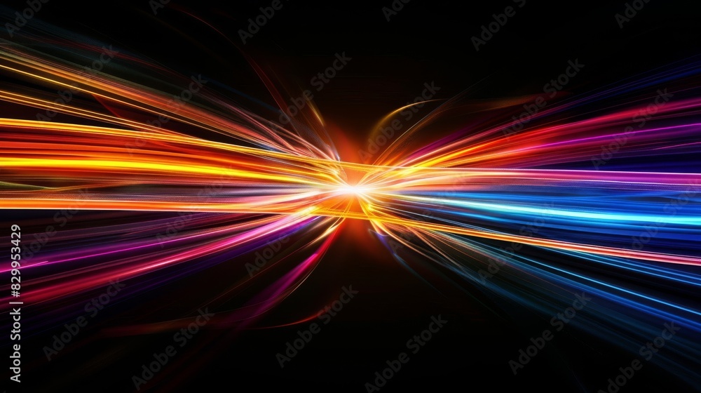 Poster vibrant multicolored light streaks on a black background, creating a dynamic neon abstract design wi