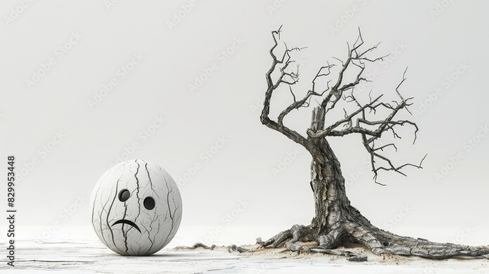Poster 3d white ball character minimalist style near at a dying tree with a sad expression, symbolizing the